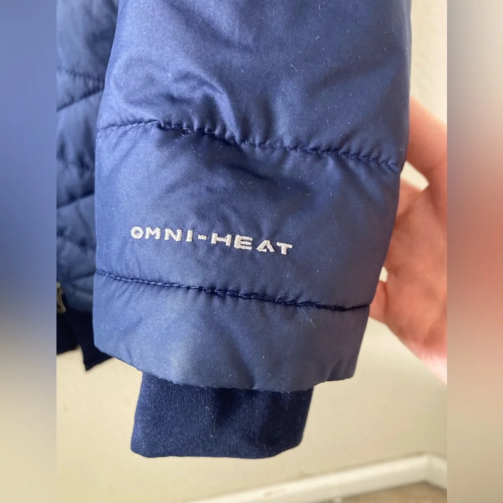 Columbia Navy Blue Mid thigh length Puffer Jacket lightweight contoured fit XS - Picture 12 of 14